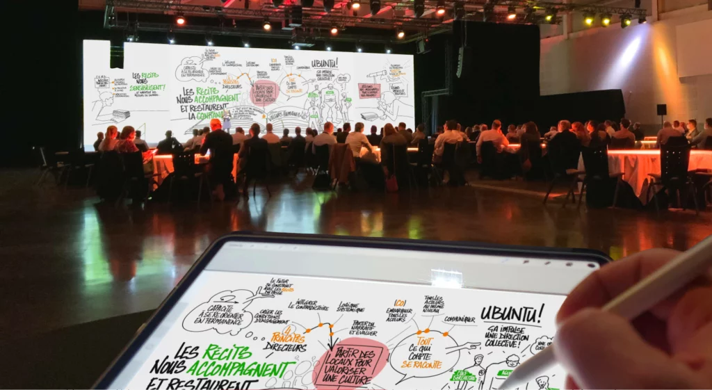 Synthèse graphique réalisée en présence physique sur un Ipad et projetée sur grand écran